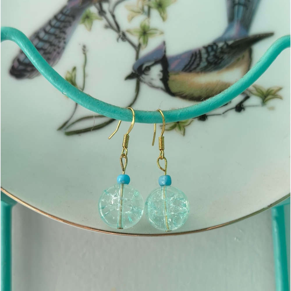 Glass turquoise/green, round Dingley not too long, stunning handmade earrings